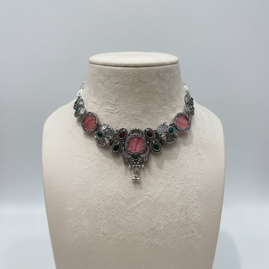 Oxidized Silver Pink & Green Choker Set