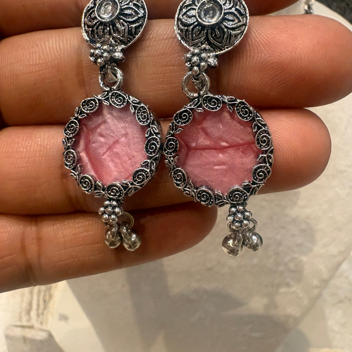 Oxidized Silver Pink & Green Choker Set