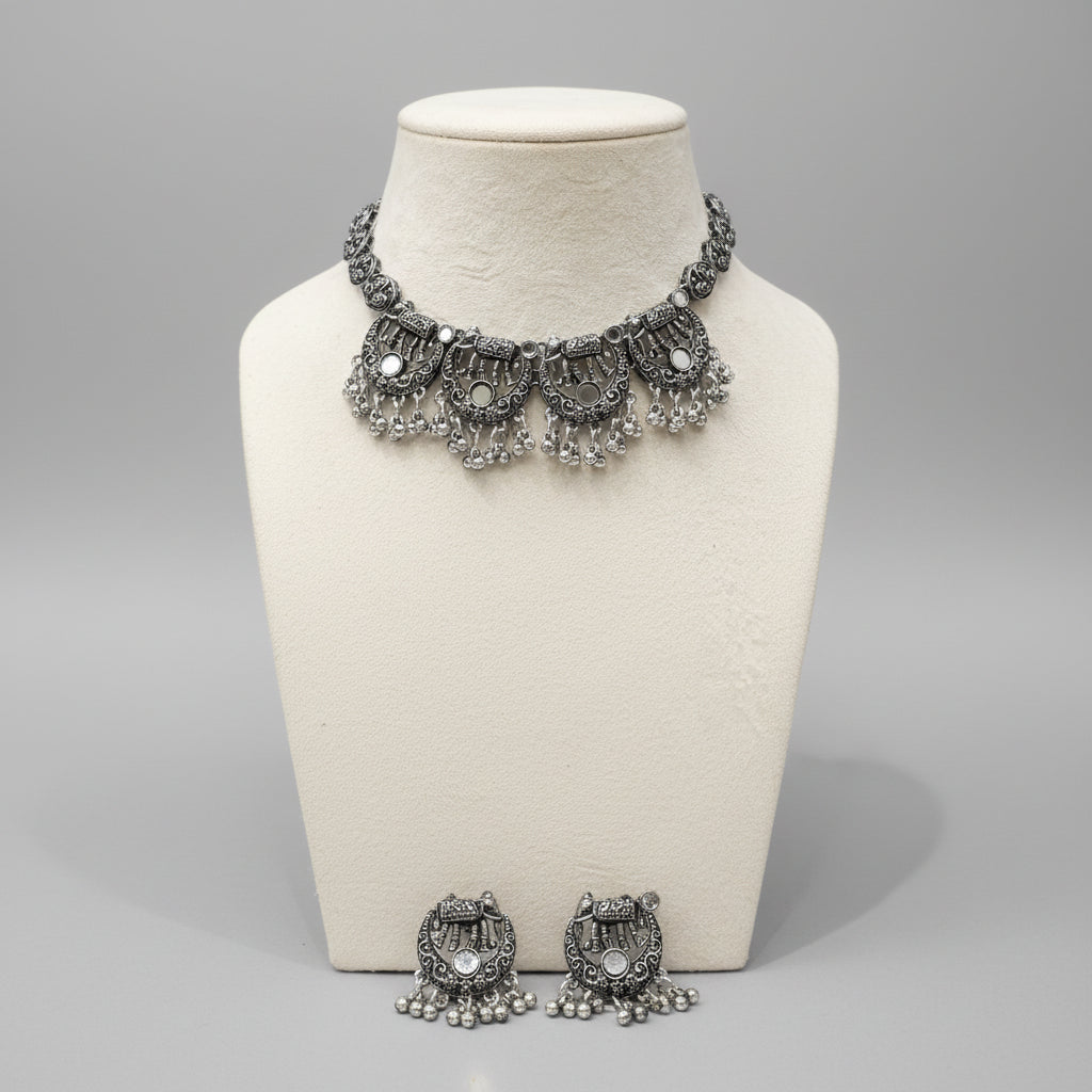 Oxidized Silver Temple Motif Choker Necklace