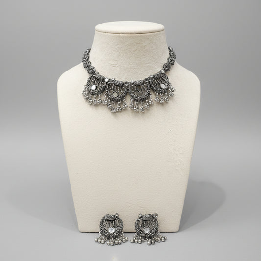 Oxidized Silver Temple Motif Choker Necklace