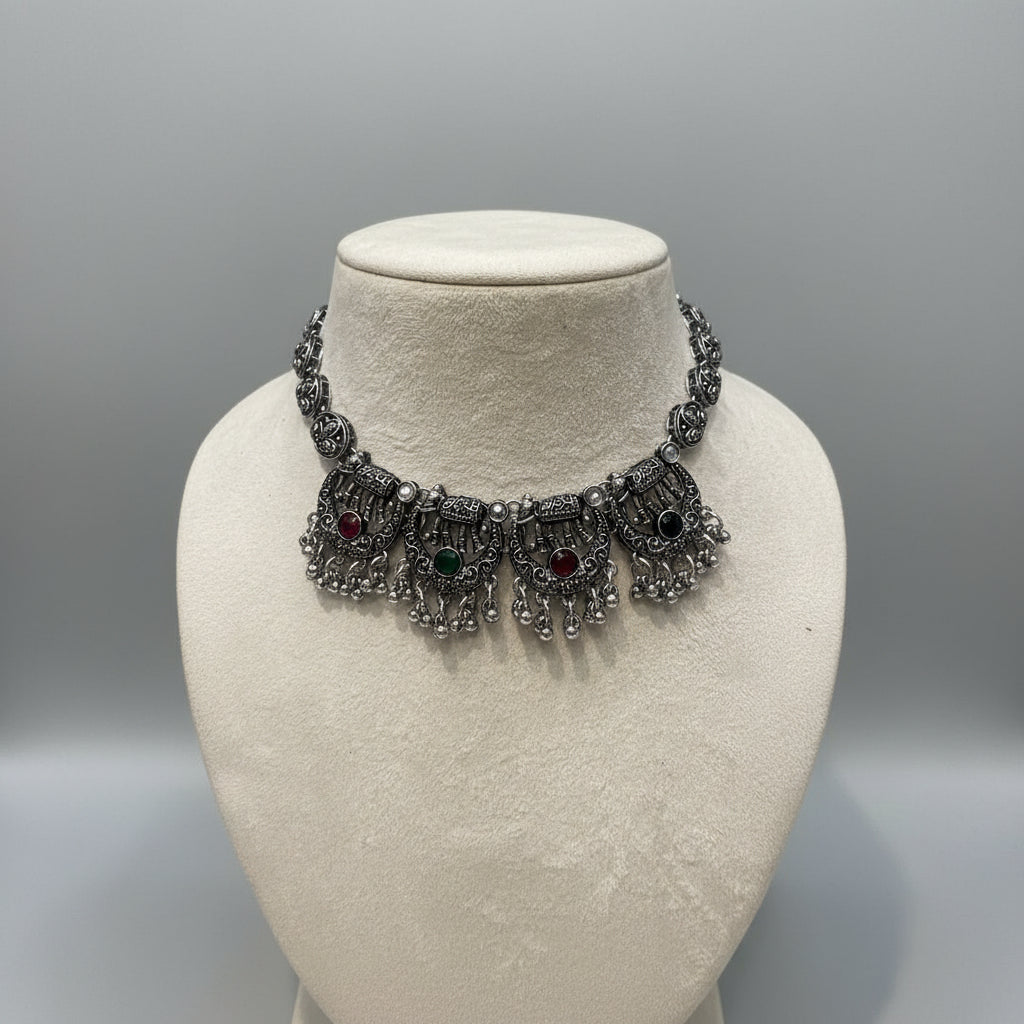 Oxidized Silver Elephant Motif Choker Set