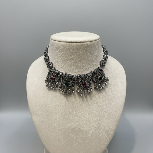 Oxidized Silver Elephant Motif Choker Set