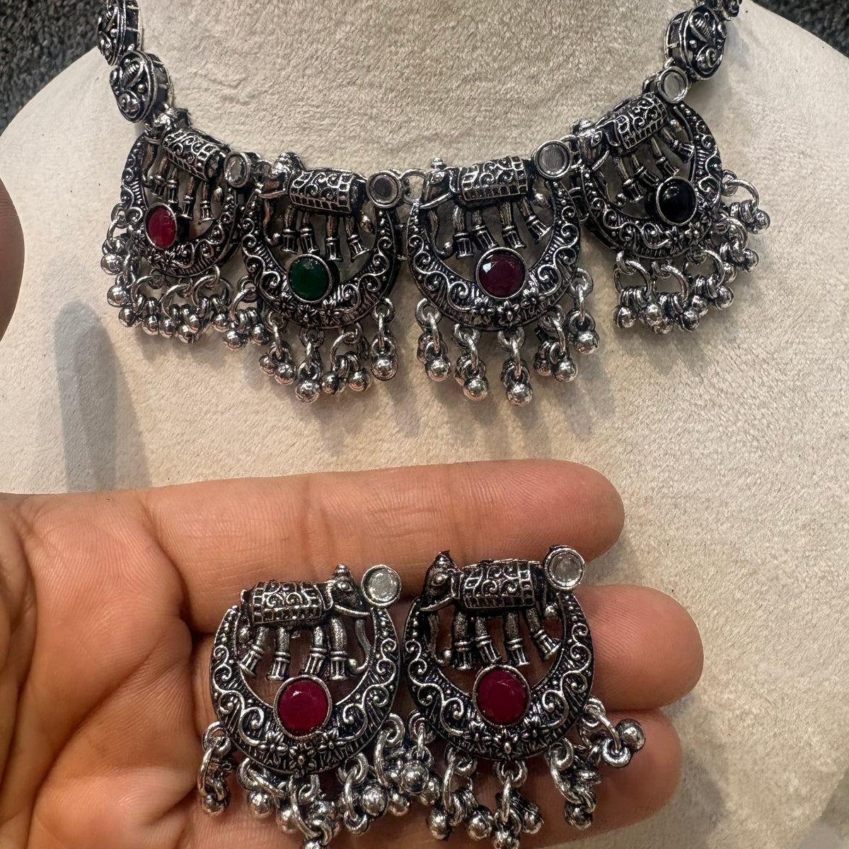 Oxidized Silver Elephant Motif Choker Set