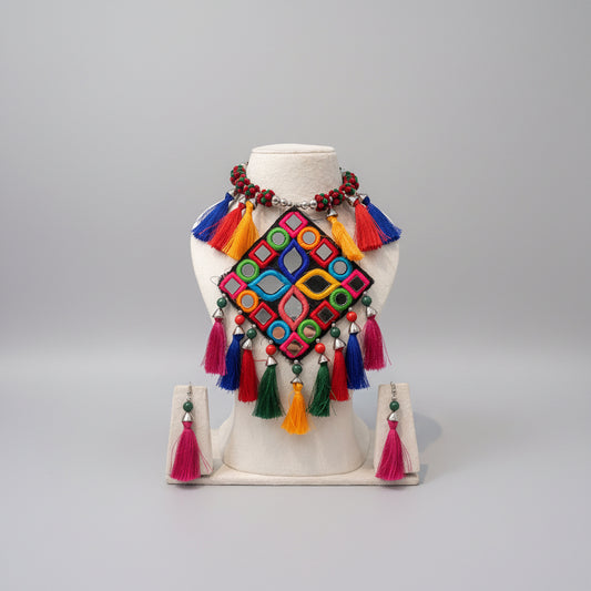 Multicolor Mirror Work Thread Necklace Set