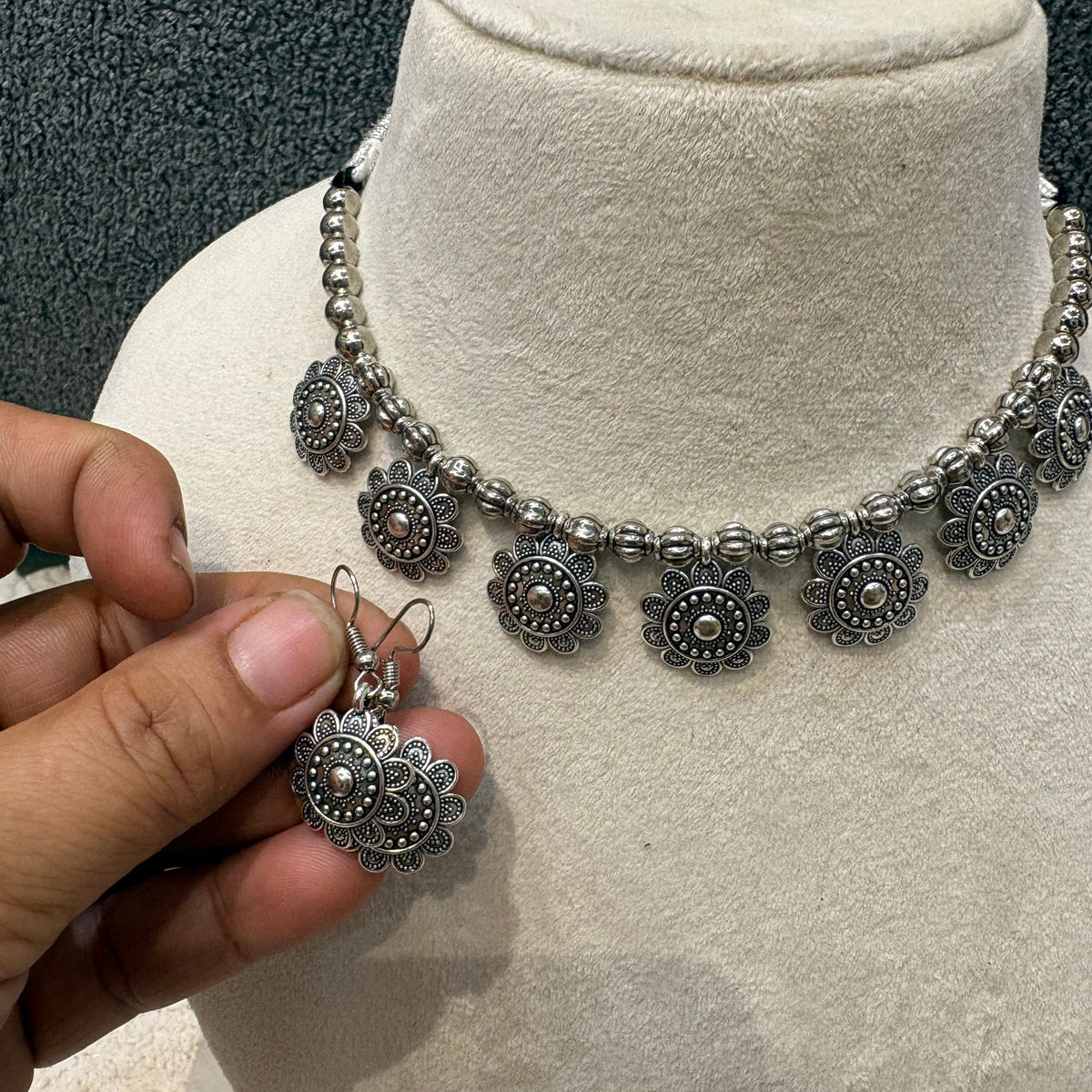 Oxidized Silver Floral Charm Necklace & Earrings Set