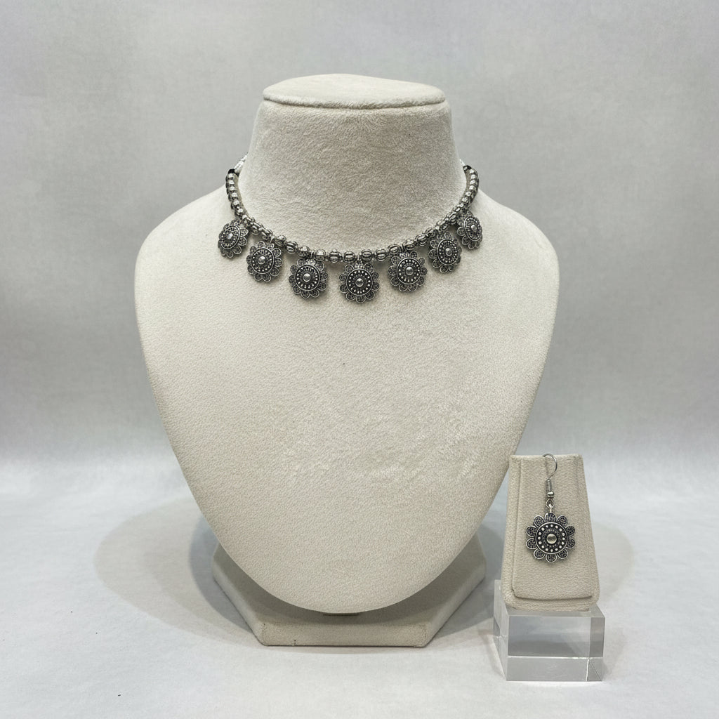 Oxidized Silver Floral Charm Necklace & Earrings Set