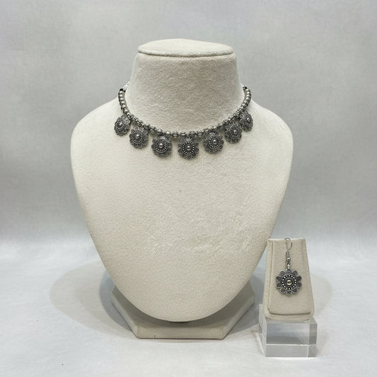 Oxidized Silver Floral Charm Necklace & Earrings Set