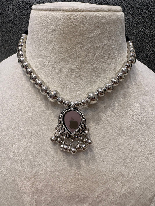 Oxidized Silver Beaded Drop Pendant Necklace