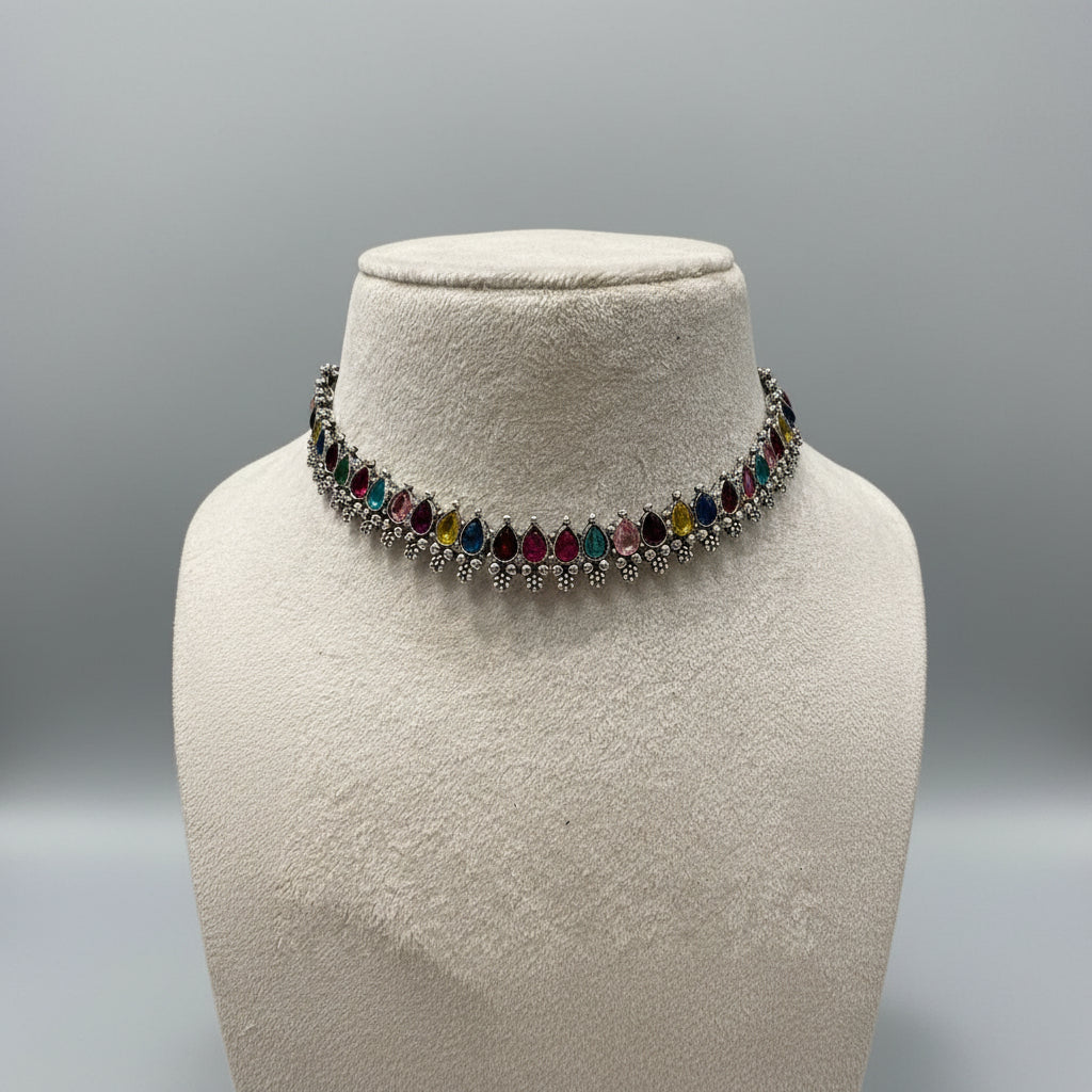 Oxidized Silver Multicolor Teardrop Choker Necklace