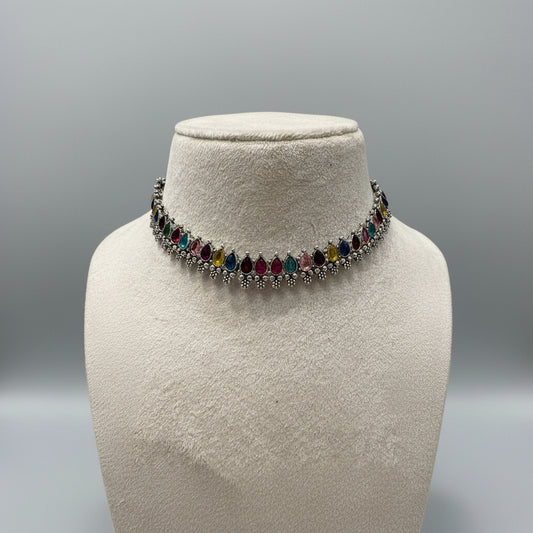 Oxidized Silver Multicolor Teardrop Choker Necklace