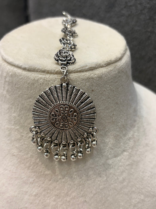 Oxidized Silver Floral Statement Maang Tikka