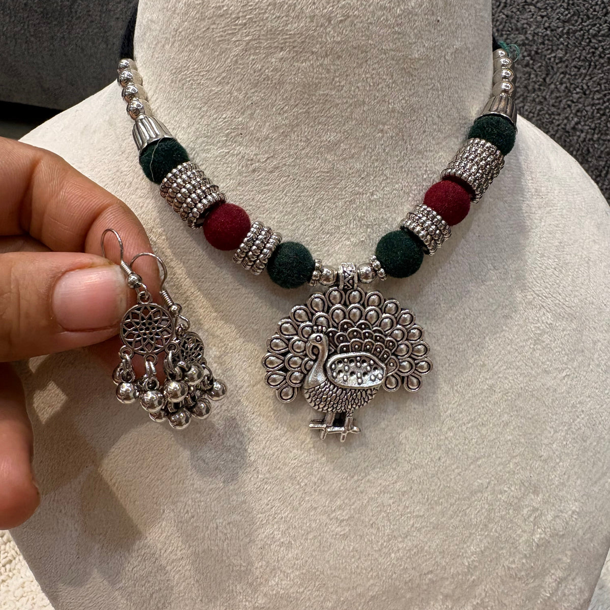 Oxidized Silver Peacock Pom-Pom Necklace Set