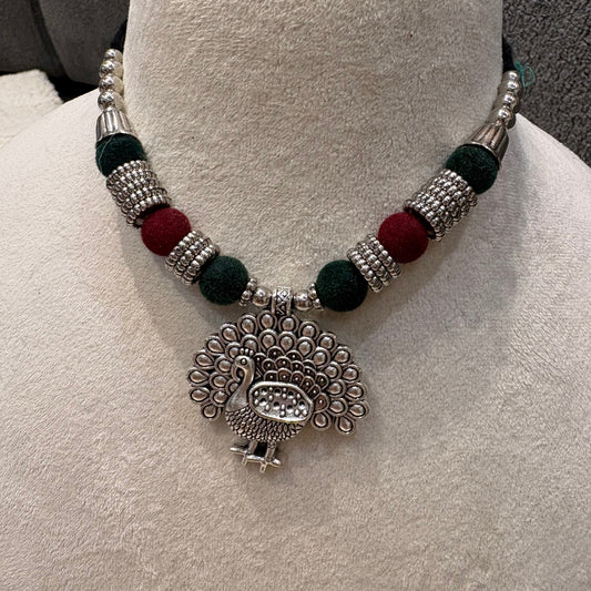 Oxidized Silver Peacock Pom-Pom Necklace Set