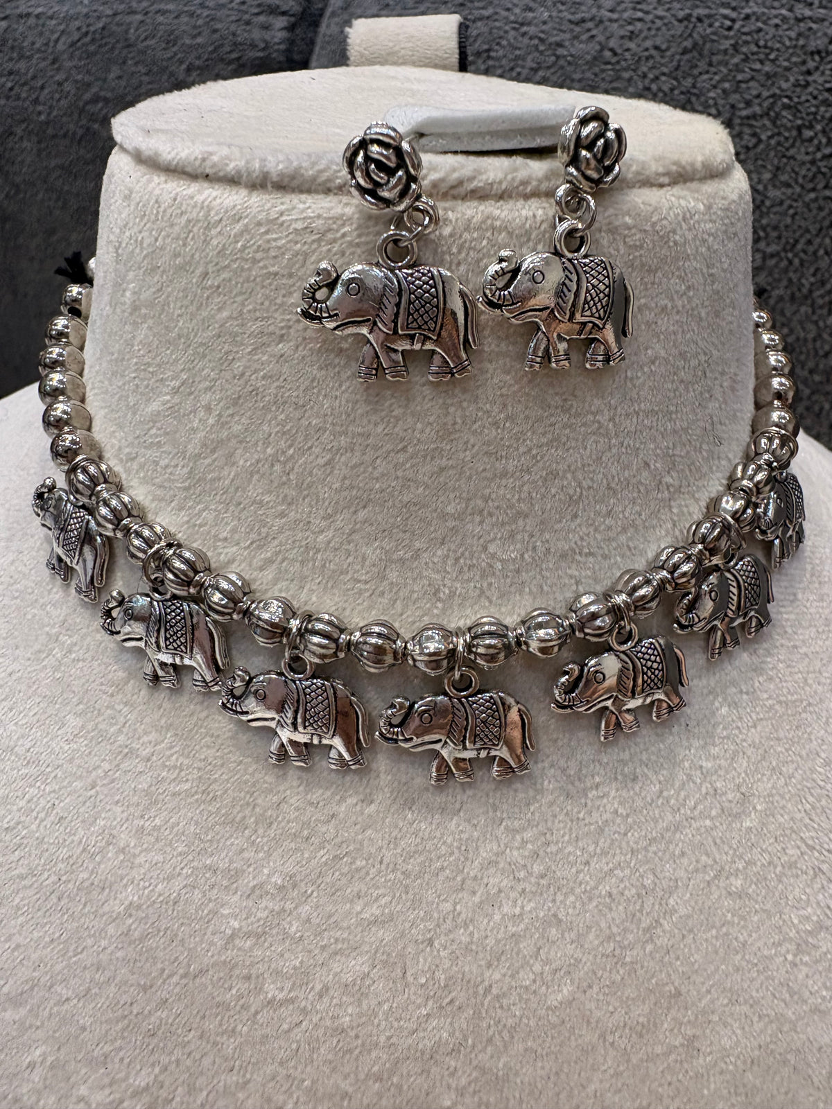 Oxidized Silver Elephant Charm Necklace Set