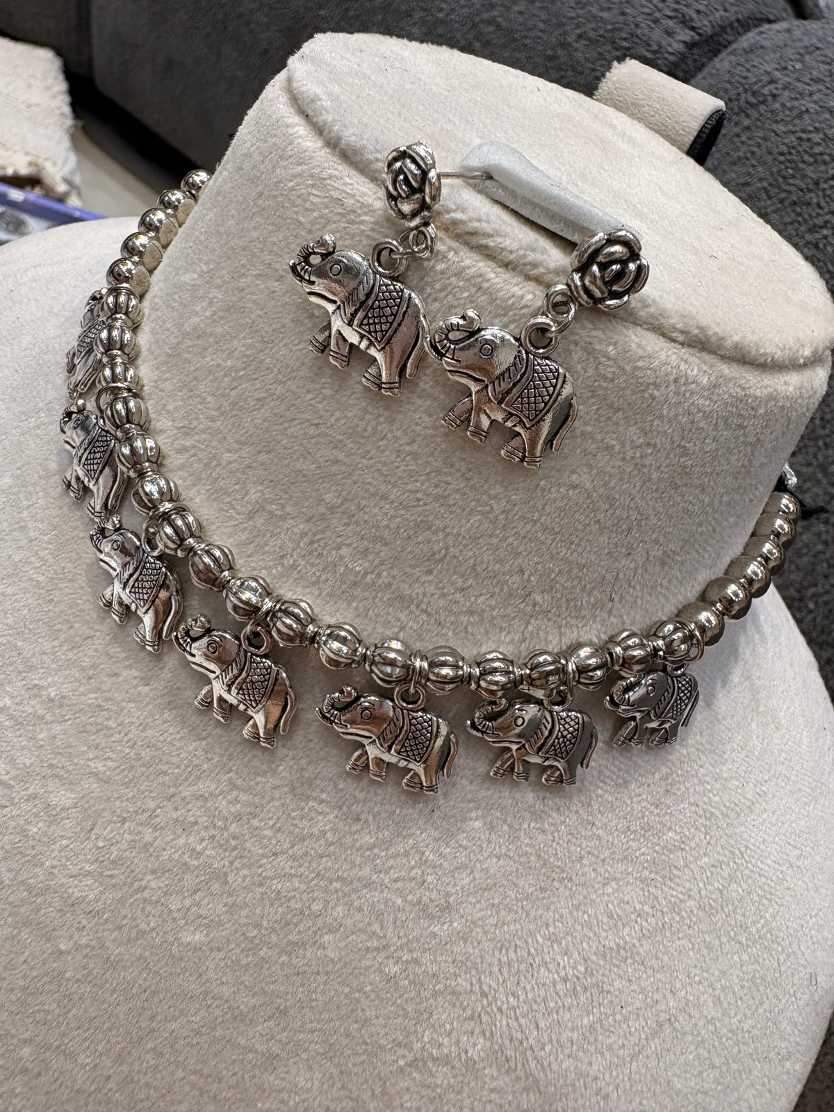 Oxidized Silver Elephant Charm Necklace Set