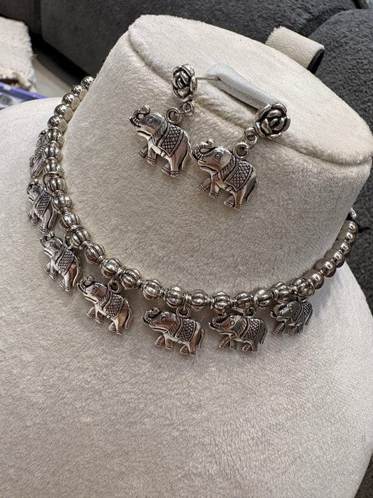 Oxidized Silver Elephant Charm Necklace Set