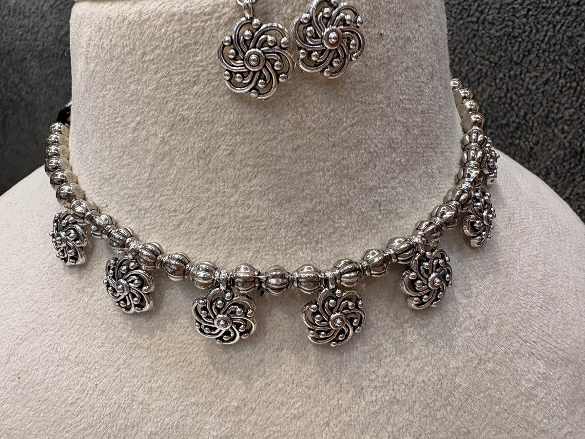 Oxidized Silver Floral Charm Necklace Set