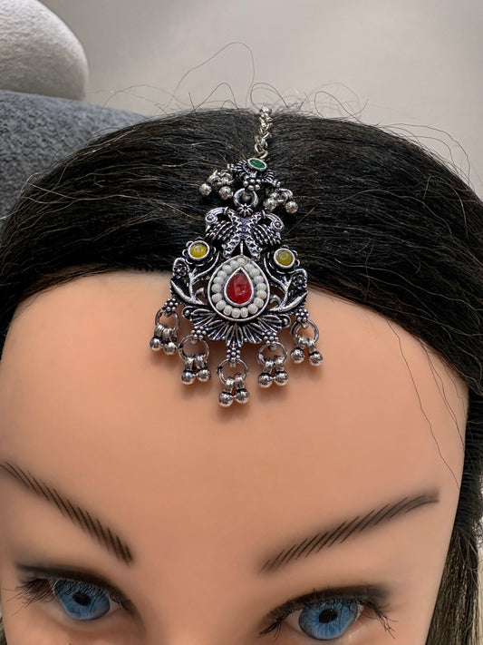 Oxidized Silver Multicolor Maang Tikka