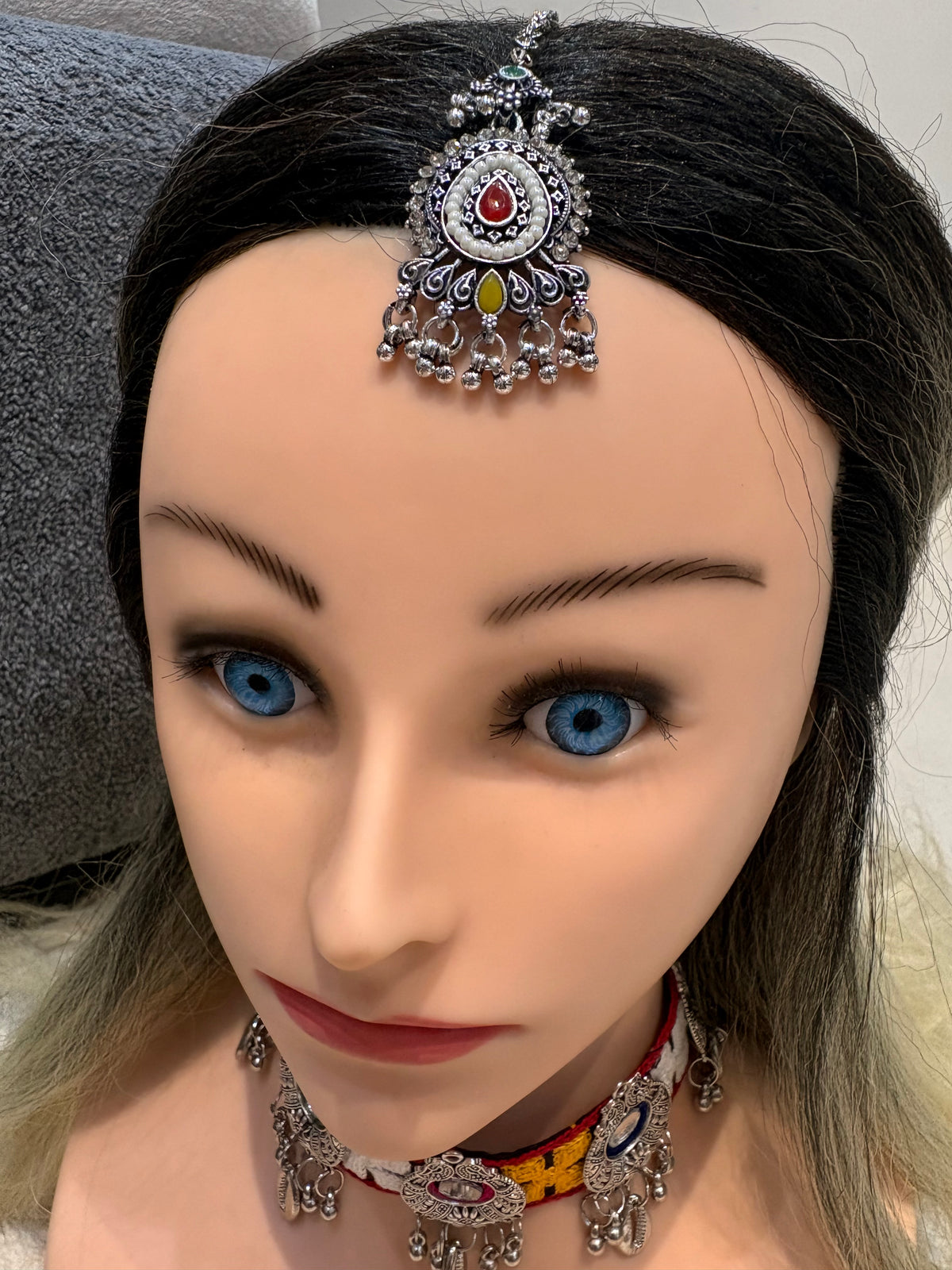 Oxidized Silver Multicolor Maang Tikka