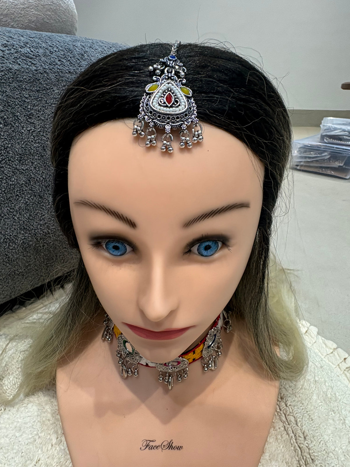 Oxidized Silver Multicolor Maang Tikka
