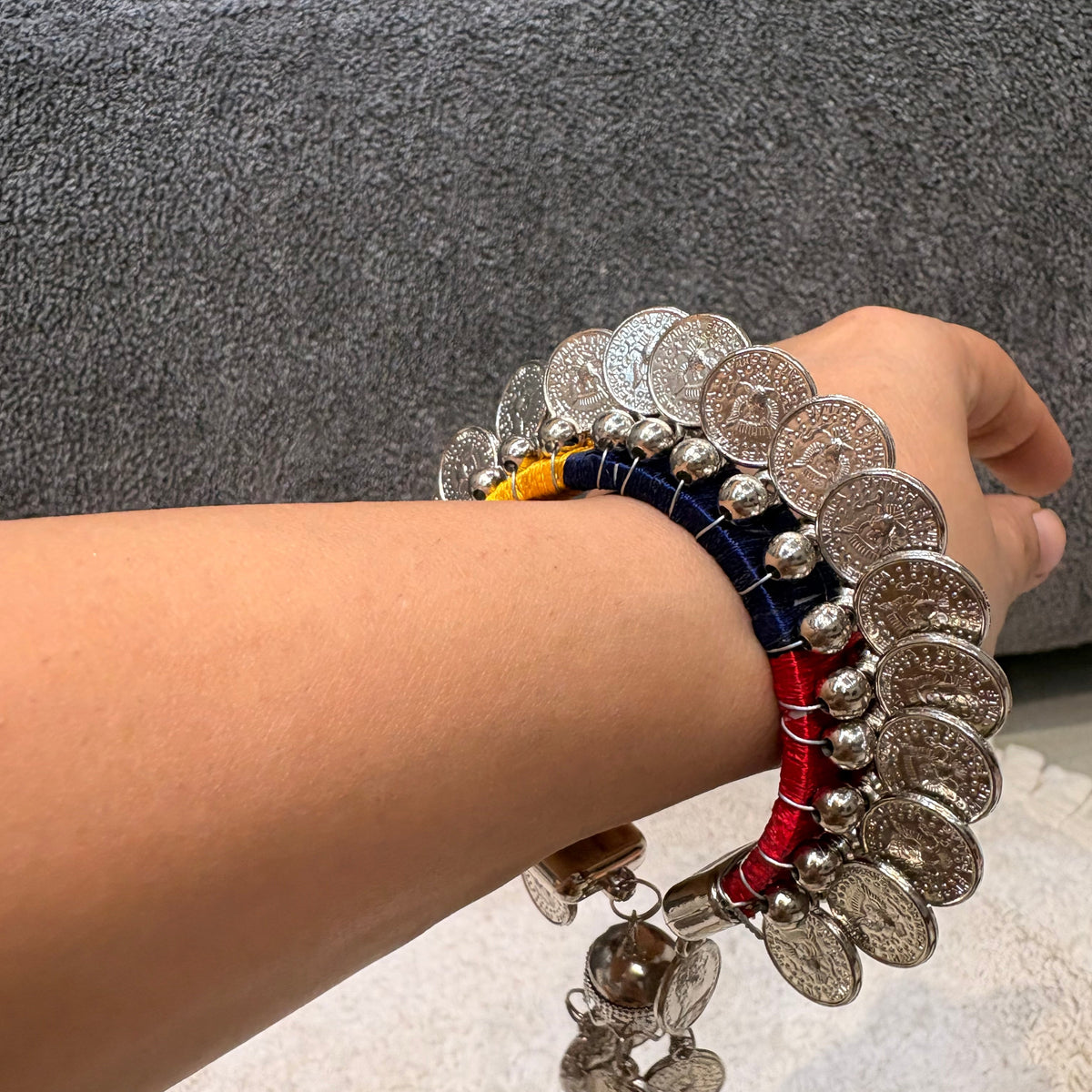 Multicolour Thread & Oxidised Coin Bangles