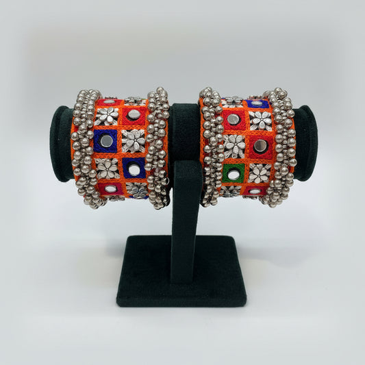 Multicolour Embroidered Mirror & Floral Statement Bangles