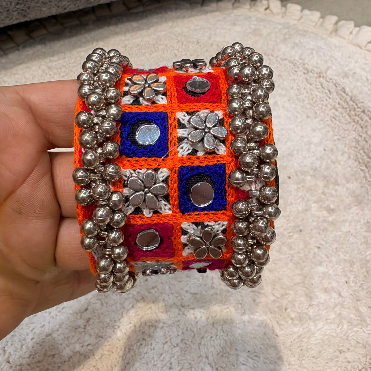 Multicolour Embroidered Mirror & Floral Statement Bangles