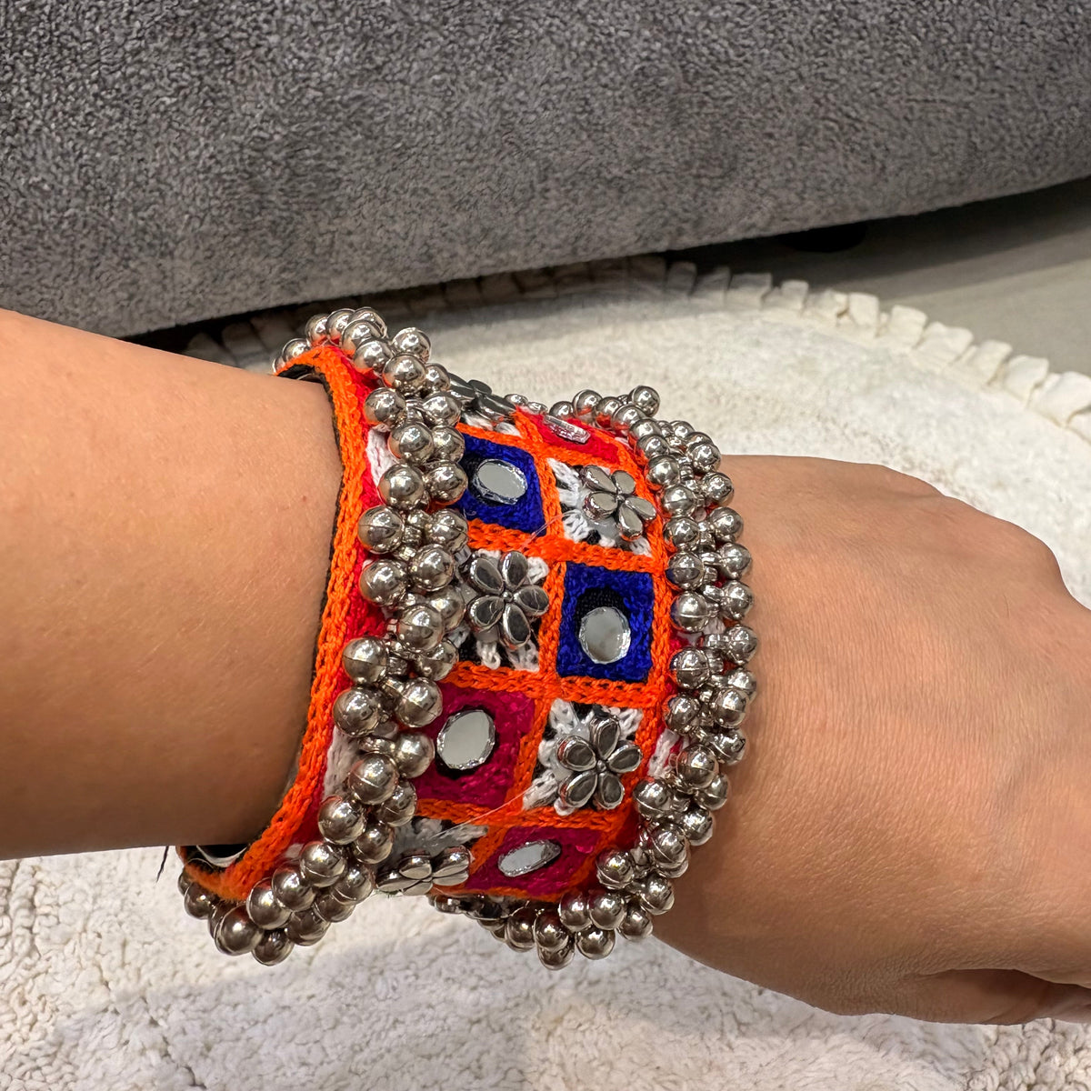 Multicolour Embroidered Mirror & Floral Statement Bangles