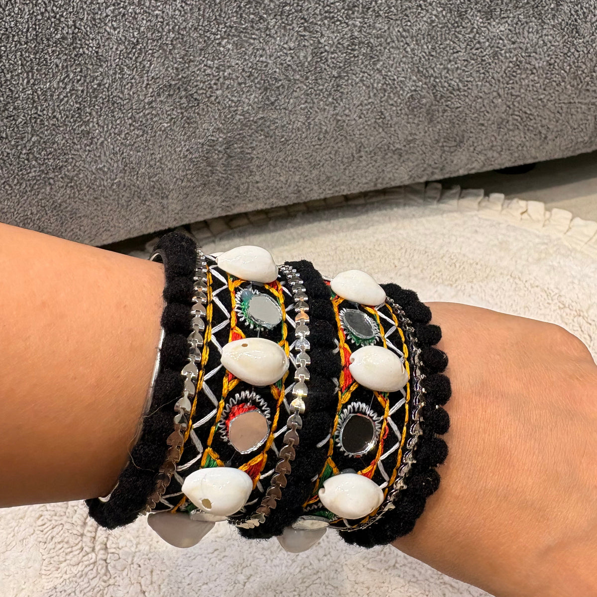Black Cowrie Shell Mirror Statement Bangles