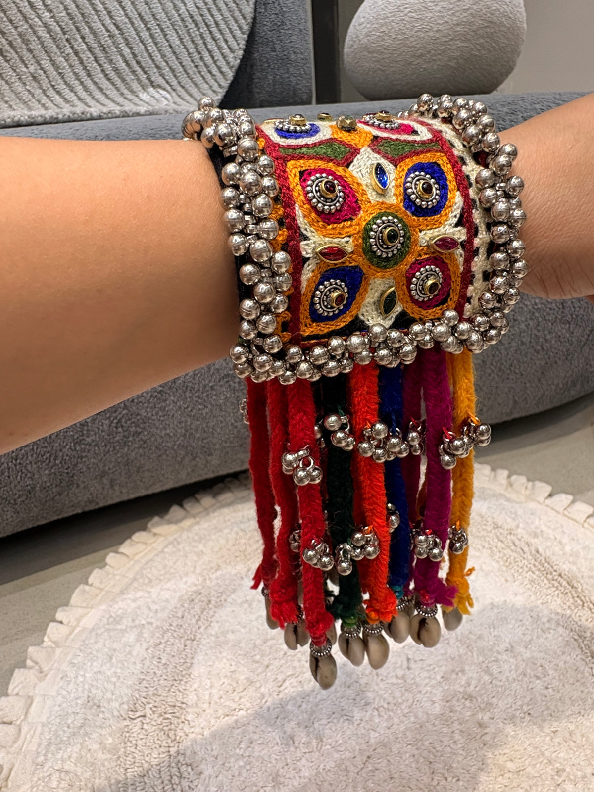 Multicolor Mirror Work Cowrie Hand Cuffs
