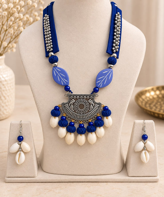 Royal Blue Cowrie & Oxidized Statement Necklace Set