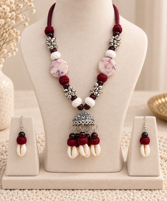 Maroon Floral Bead & Cowrie Statement Necklace Set