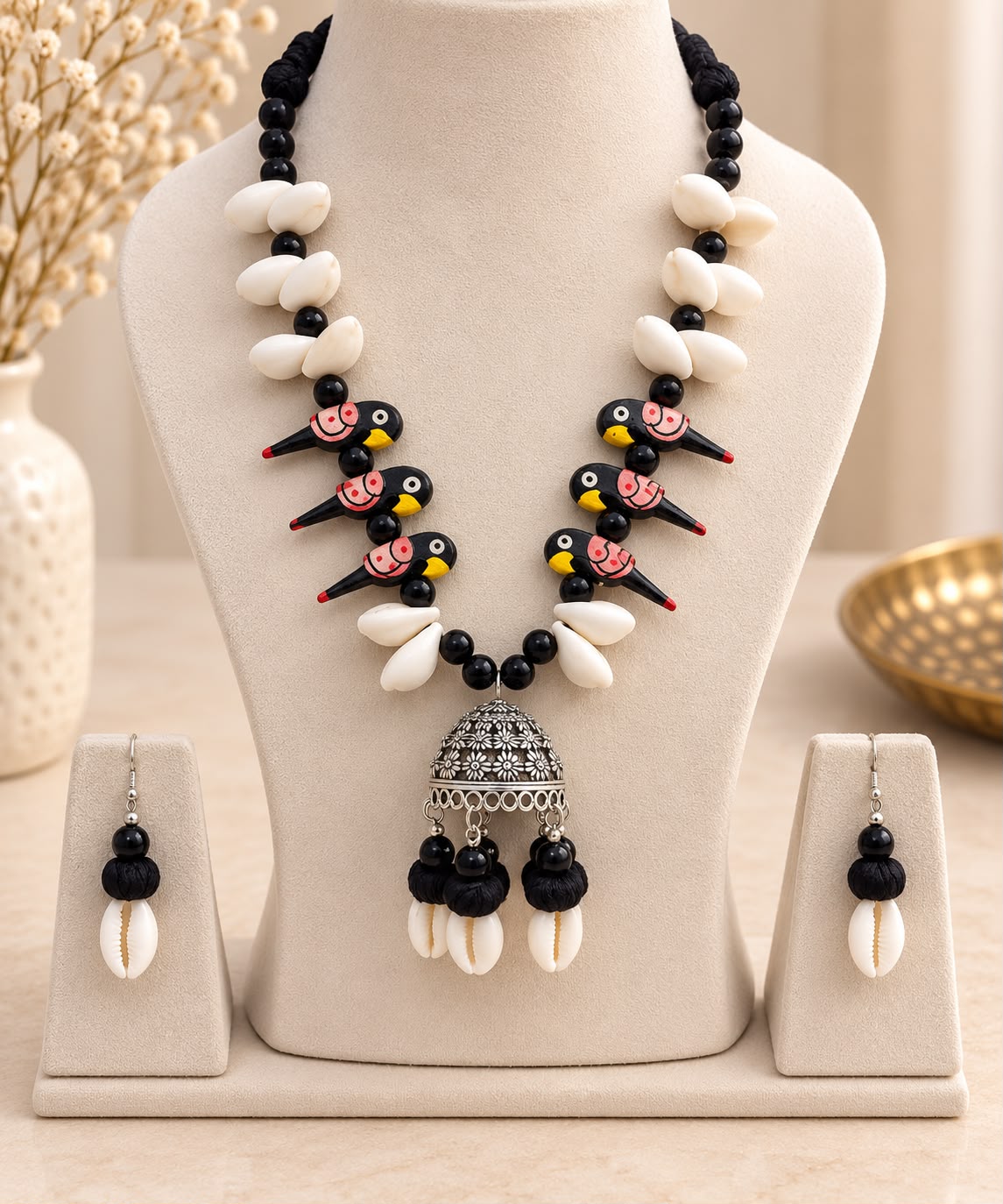 Black Bird & Cowrie Statement Necklace Set