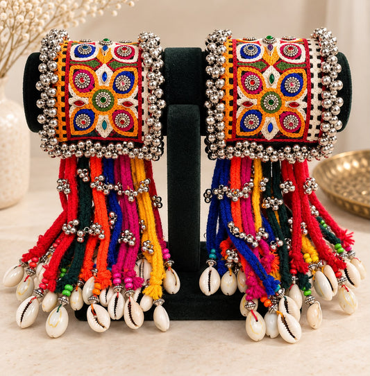 Multicolor Mirror Work Cowrie Hand Cuffs
